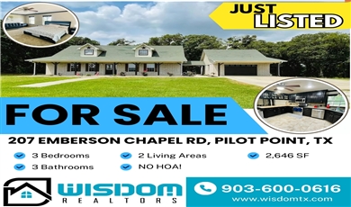  FOR SALE: 207 Emberson Chapel Rd, Pilot Point, TX